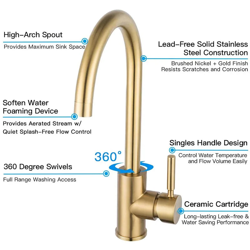 Afralia™ Brushed Gold Stainless Steel Kitchen Faucet 360 Rotate Deck Mount Sink Mixer Taps