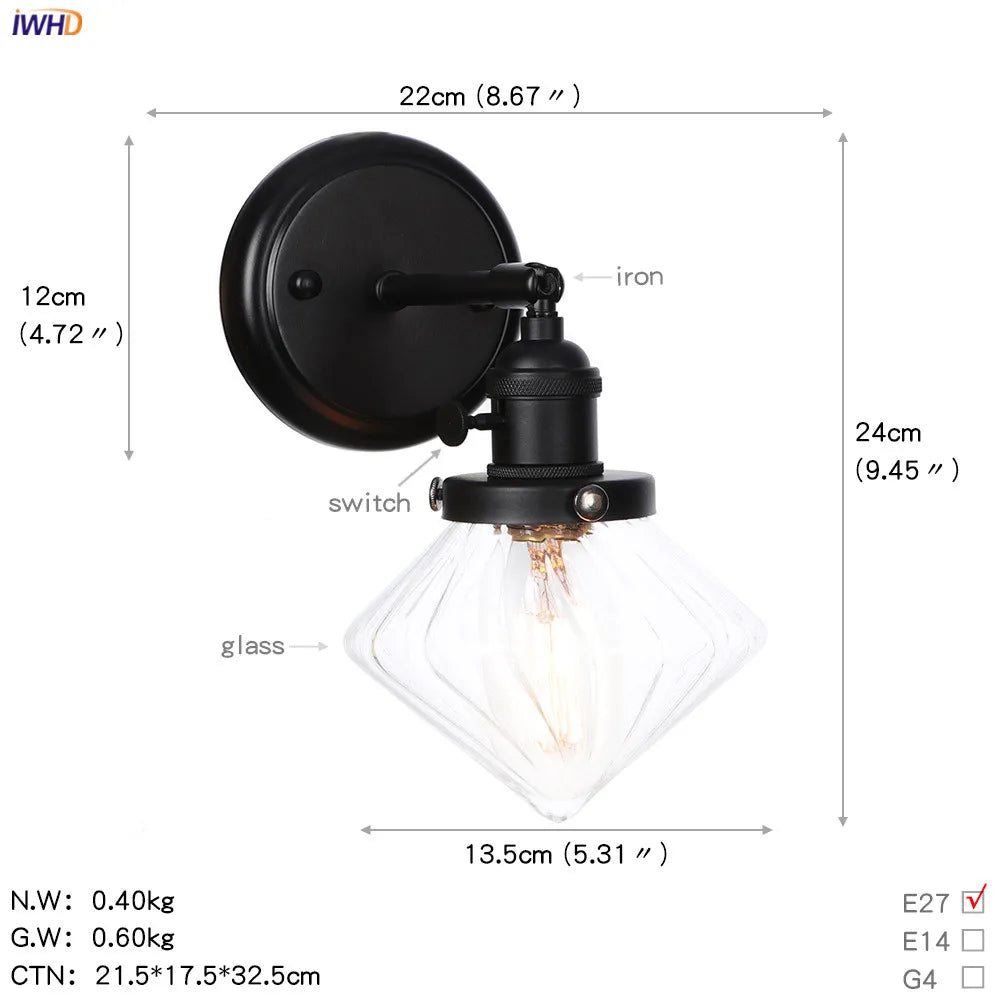 Afralia™ Loft Glass Ball Wall Light Switch Black Wall Sconces - Industrial Decor