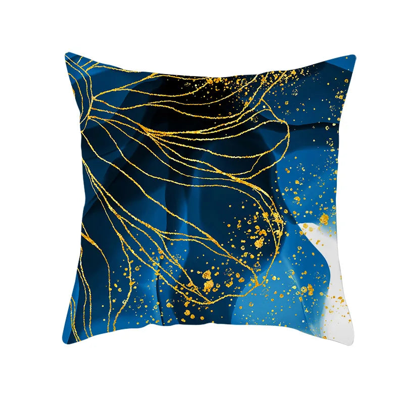 Afralia™ Blue Ink Gold Edge Geometric Cushion Cover - Polyester Throw Pillow Case