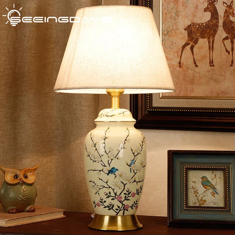 Afralia™ Chinese Ceramic Table Lamp: Hand-Painted Retro Style for Living Room, Bedroom, or Villa