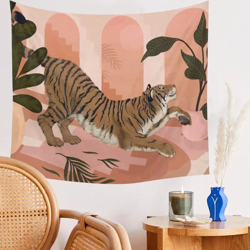 Afralia™ Pink Tiger Tapestry Wall Hanging Dorm Room Decor Jungle Animal Boho Wall Cloth