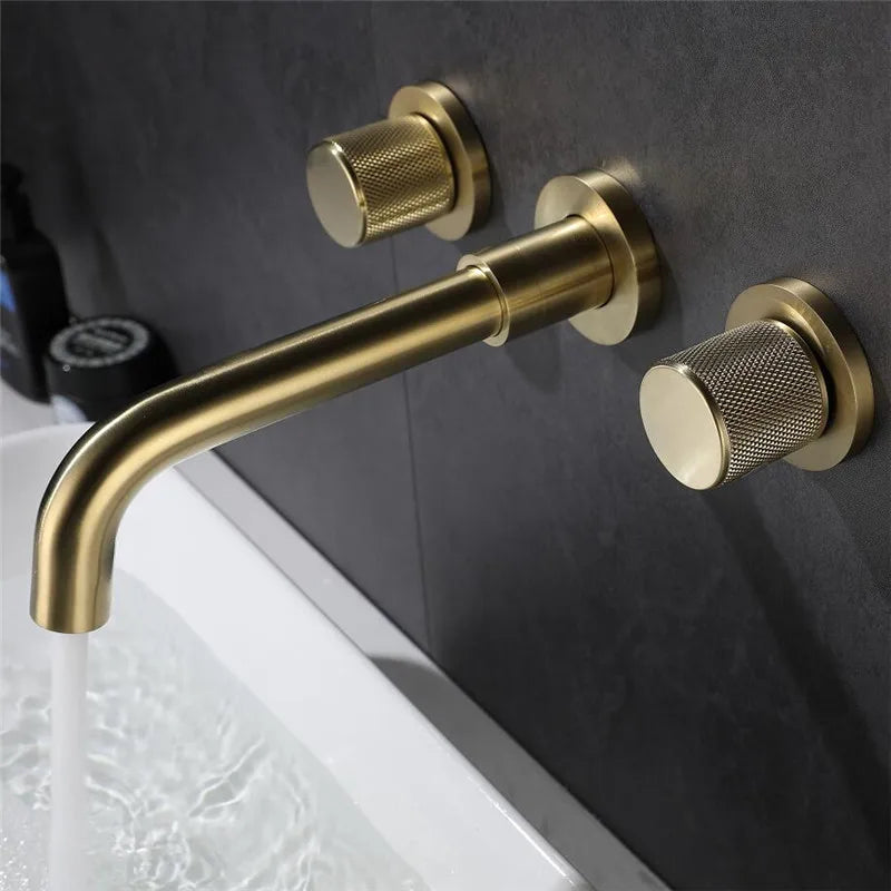 Afralia™ Brushed Gold Basin Faucet: Single Handle Wall Mount Brass Mixer Tap, Cold/Hot Water