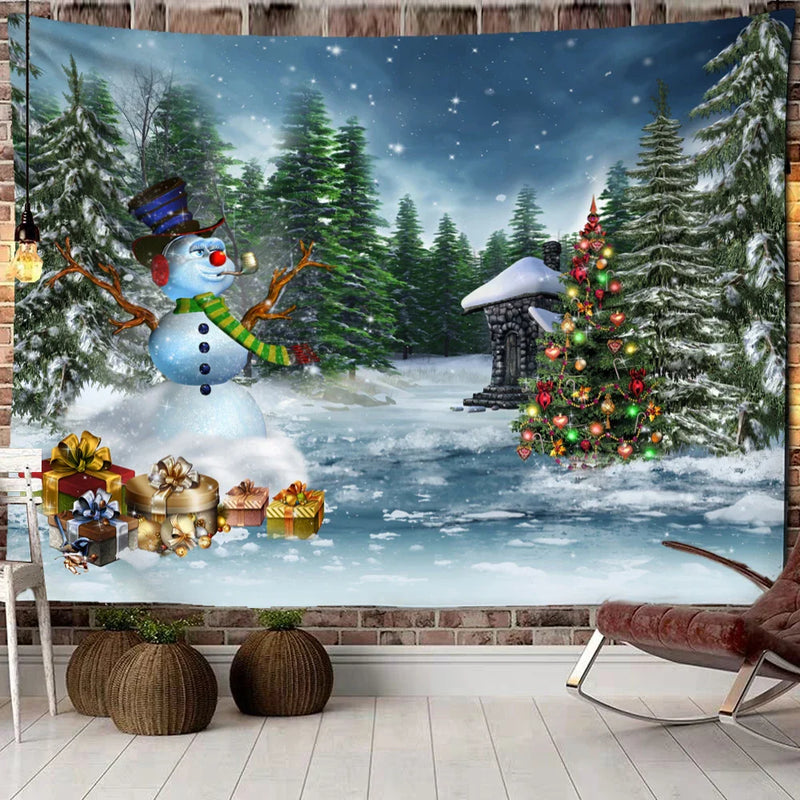 Afralia™ Christmas Woods Snow Scene Tapestry Wall Hanging - Elk Bohemian Style Bed Curtain Home Decor