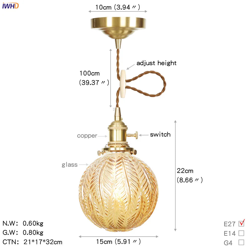 Afralia™ Glass Copper LED Pendant Light for Kitchen Cafe Living Room