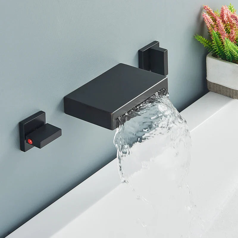 Afralia™ Black Bronze Wall Mounted Waterfall Bathroom Faucet with Dual Handles