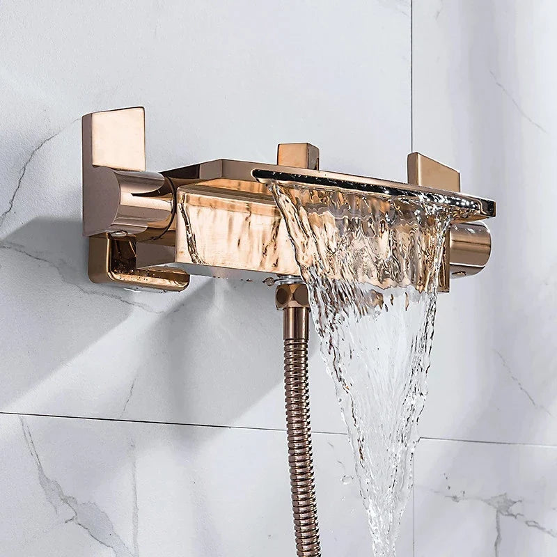 Afralia™ Rose Gold Bathtub Shower Mixer Set with Handheld Waterfall Tap