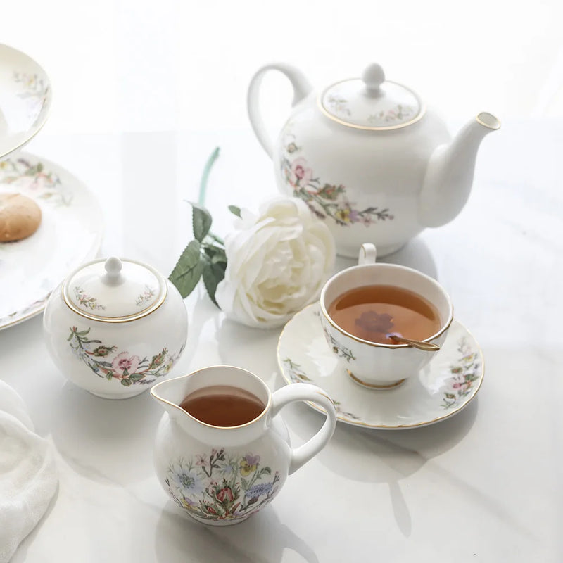 Afralia™ Bone China Tea Set: Teapot, Teacup, Saucer, Fruit Plate, Tray, Mugs & Tableware