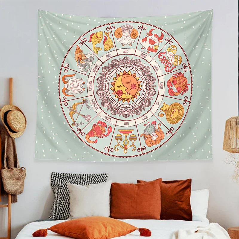 Afralia™ Zodiac Constellation Sun Moon Tarot Tapestry Wall Hanging