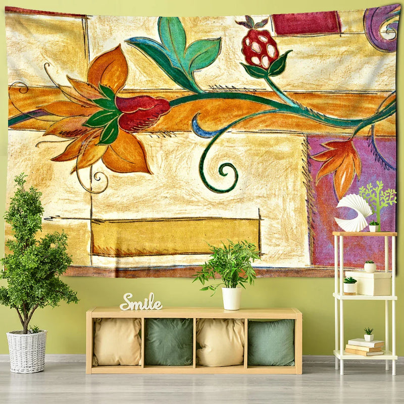 Yellow Flowers Ink Tapestry Wall Mount Bohemian Style by Afralia™ - Mandala Witchcraft Decor