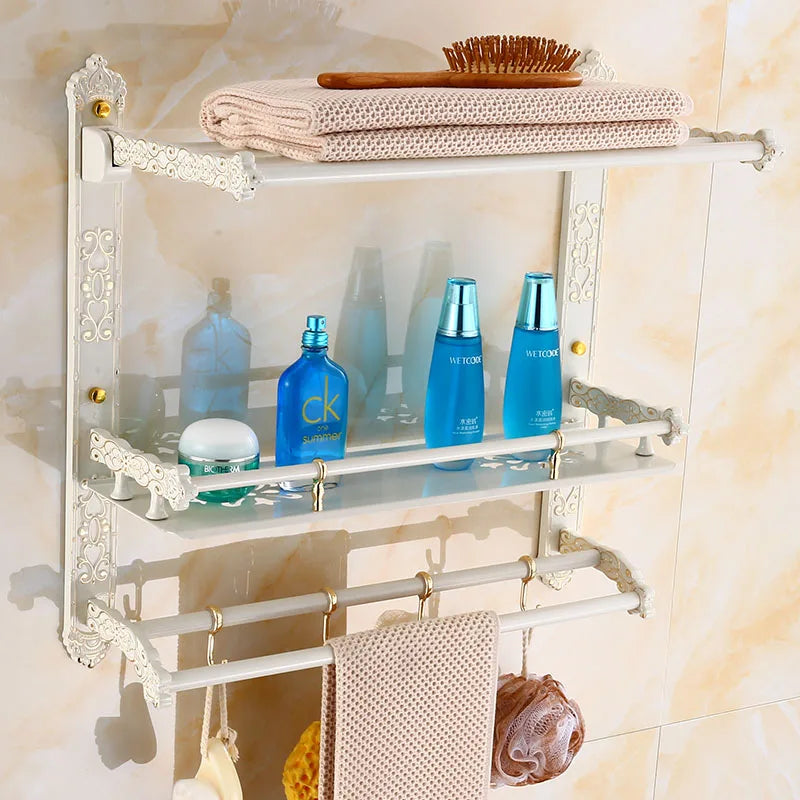 Afralia™ White Gold Bathroom Accessories Set: Shelf, Towel Rack, Paper Holder, Hooks, Toilet Brush Holder