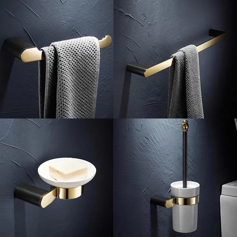 Afralia™ Gold & Black Bathroom Set - Shelf, Towel Rack, Holder, Brush Holder & More