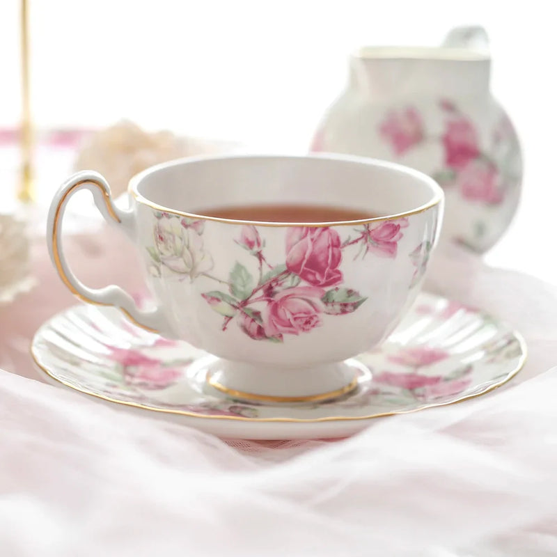 Afralia™ Bone China Tea Cup Set, Flowers Teacup & Snack Dish for Office Drinkware