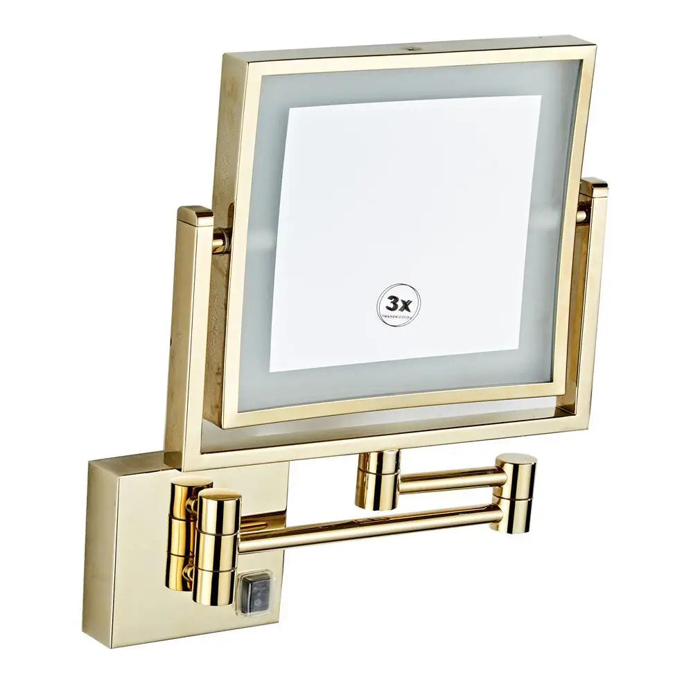 Afralia™ Gold LED Wall Mounted Makeup Mirror 3X/1X Folding Square Cosmetic Mirror