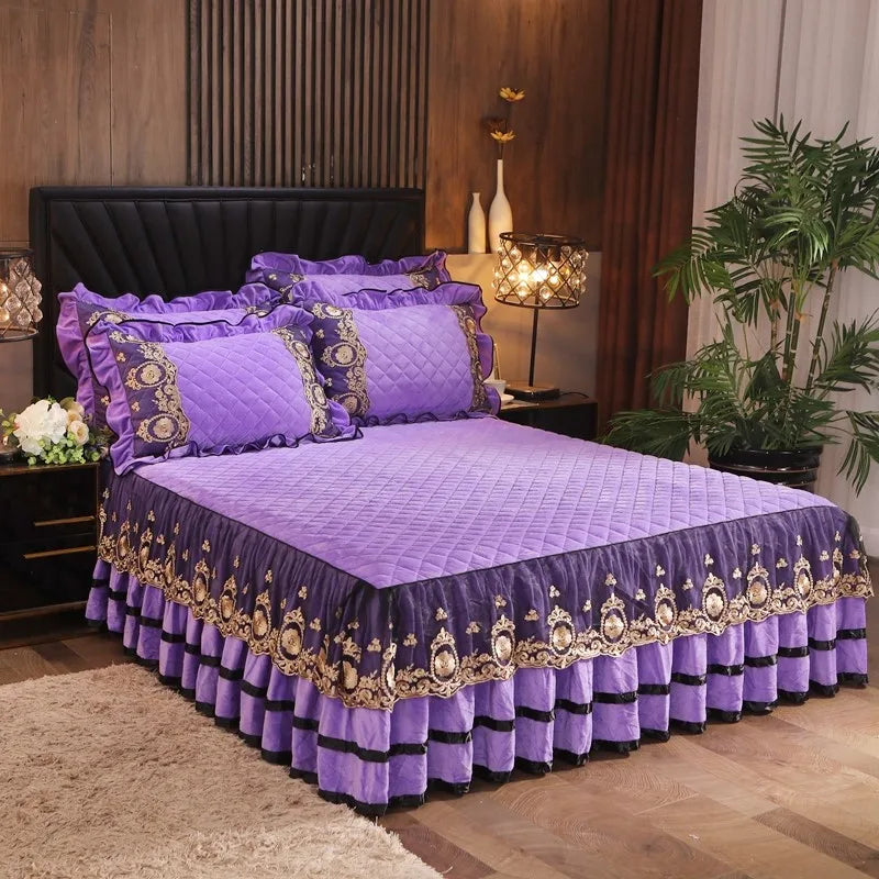 Afralia™ Crystal Velvet Bedspread Set with Super Soft Quilting & Lace Bedskirt