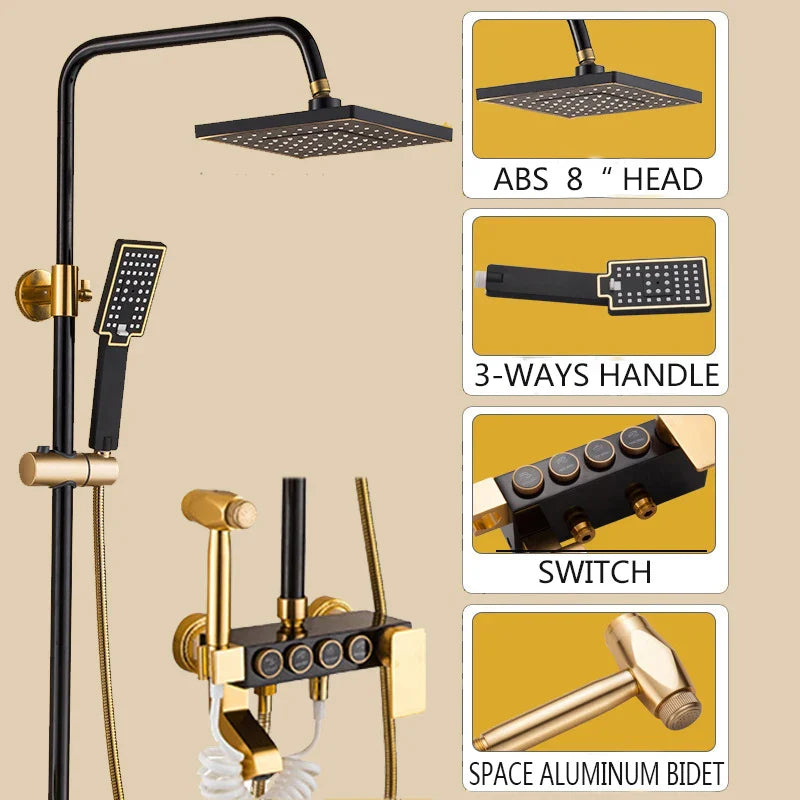 Afralia Black Gold Shower Faucet Set with Rainfall Bathroom Mixer Faucets