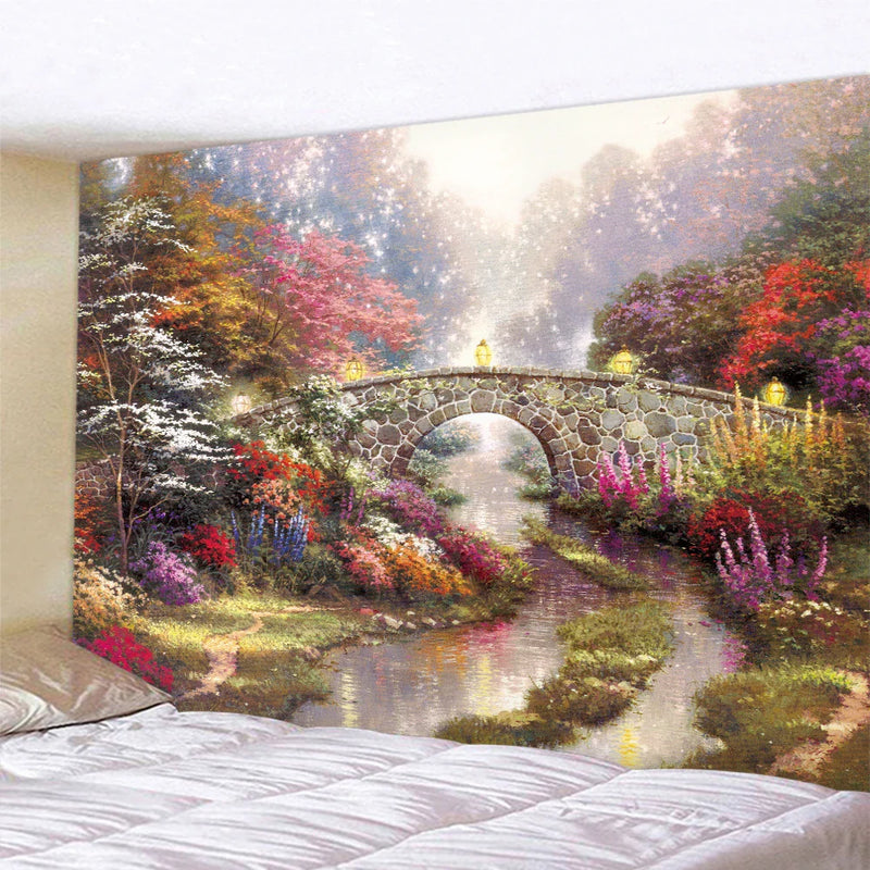 Afralia™ Forest Fairy Tale Cottage Oil Painting Tapestry Wall Hanging