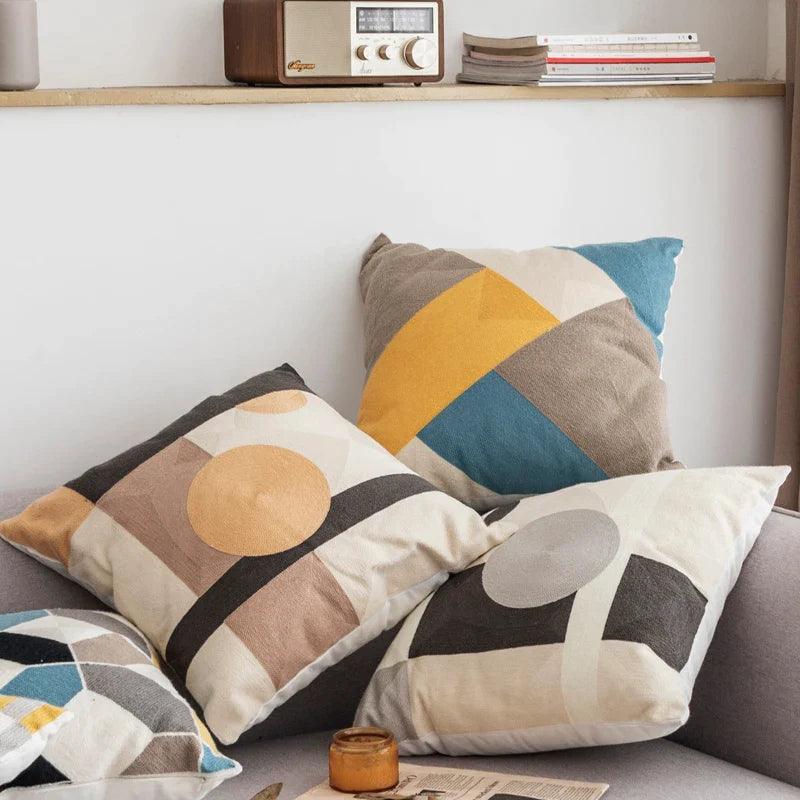 Afralia™ Geometric Embroidery Cushion Cover Set - Blue Coffee Yellow Grey Abstract Square