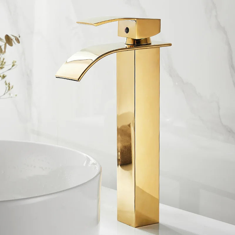 Afralia™ Gold Waterfall Basin Faucet, Deck Mounted Mixer Tap for Bathroom Sink