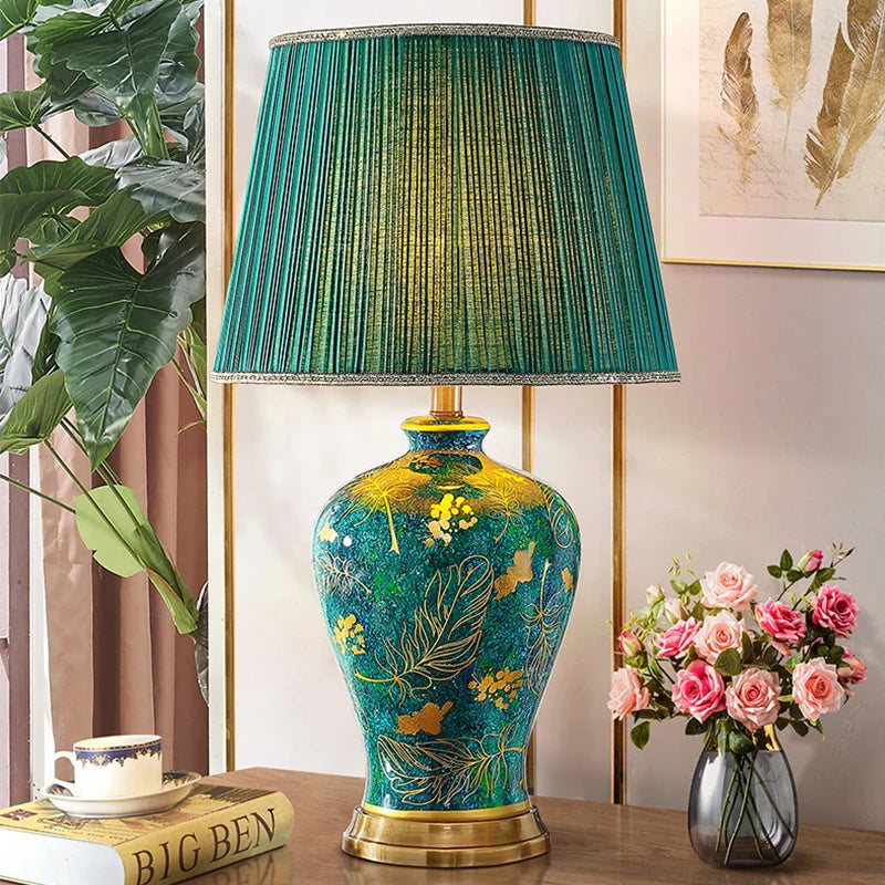 Afralia™ Emerald Queen Green Ceramic Table Lamp - Luxury Villa Bedroom Living Room Lighting