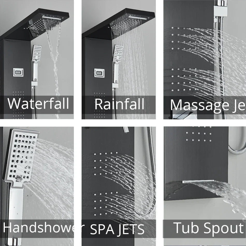 Afralia™ Black Rainfall Shower Panel Set with Massage System and Temperature Screen