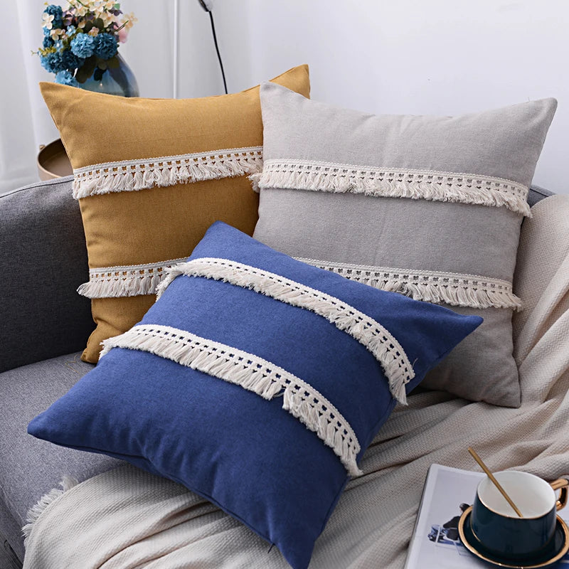 Afralia™ Boho Style Tassel Pillow Cover Set for Sofa Bed, Beige Grey Blue Yellow