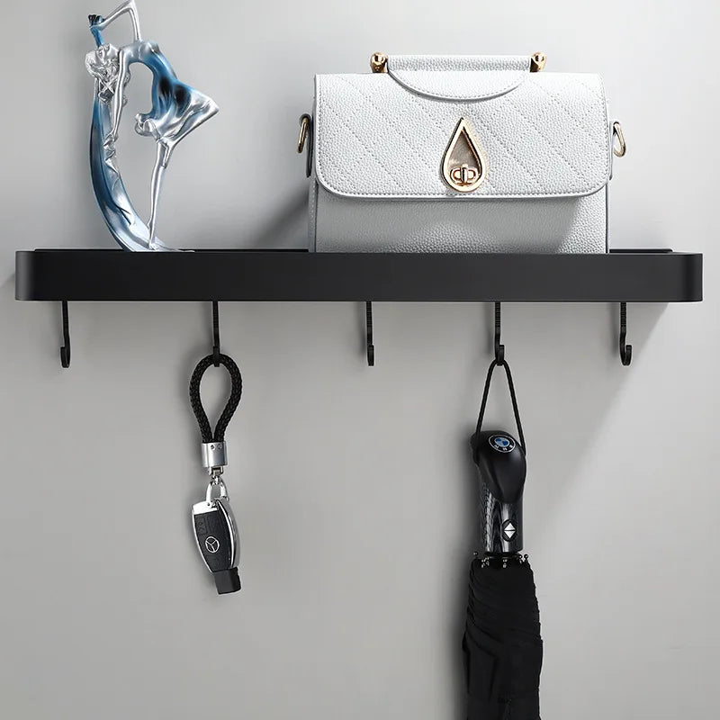 Afralia™ Black Aluminum Bathroom Shower Shelf with Hook Bar and Shampoo Holder