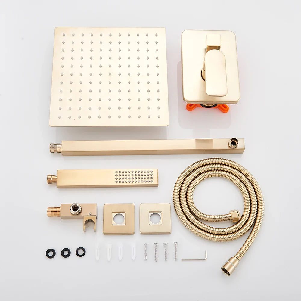 Afralia™ Golden 8" Rainfall Shower Faucet Set with Handshower - Wall Mounted Luxury Mixer Tap