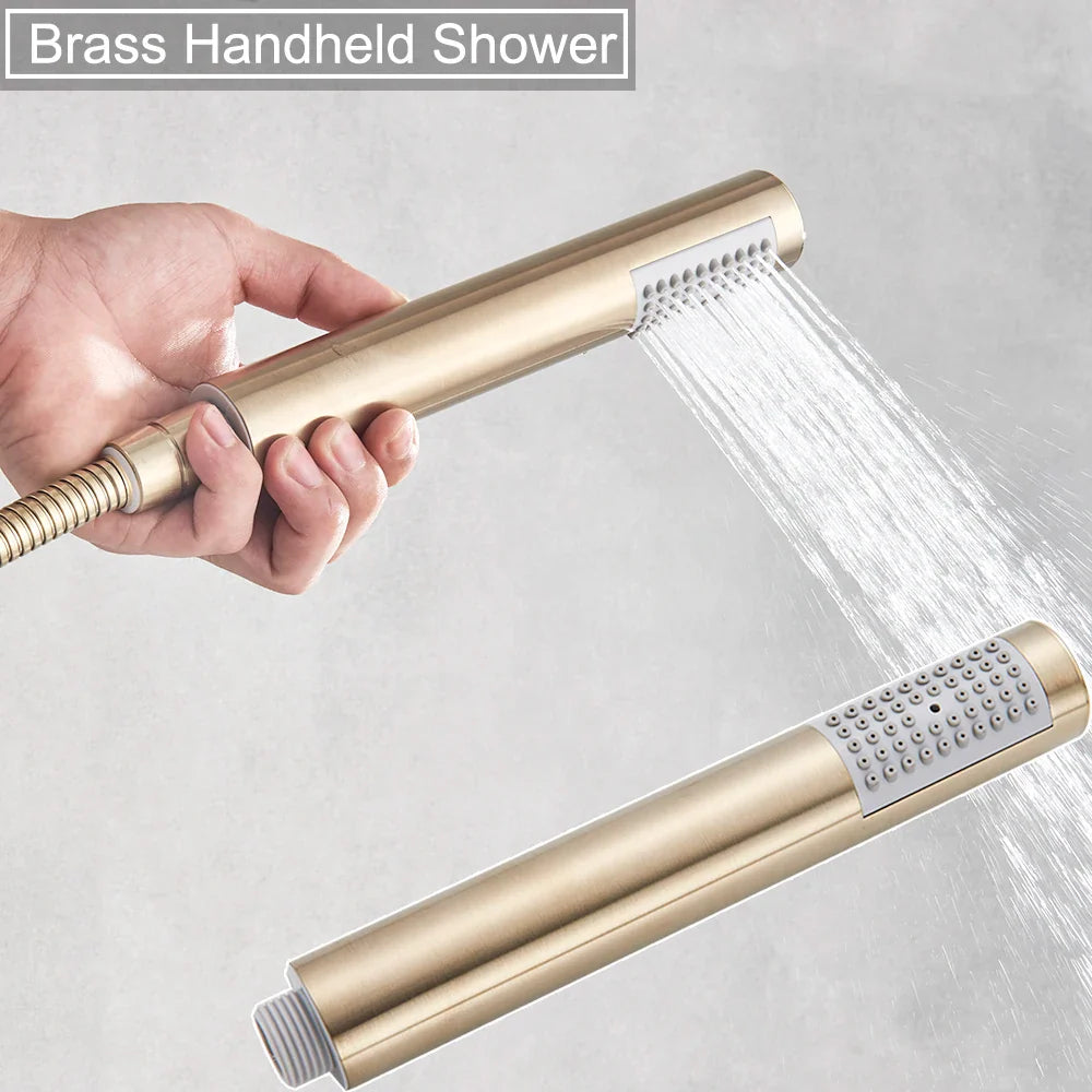 Afralia™ Brushed Gold Shower Faucet Set: Wall Mount Rotate Tub Spout, Rainfall Head Mixer Tap