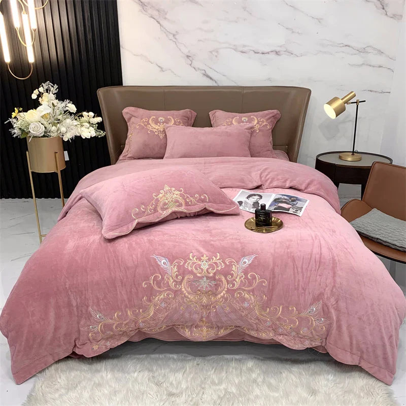 Afralia™ Luxury Velvet Embroidered Bedding Set with Plush Quilt Cover & Bed Sheet