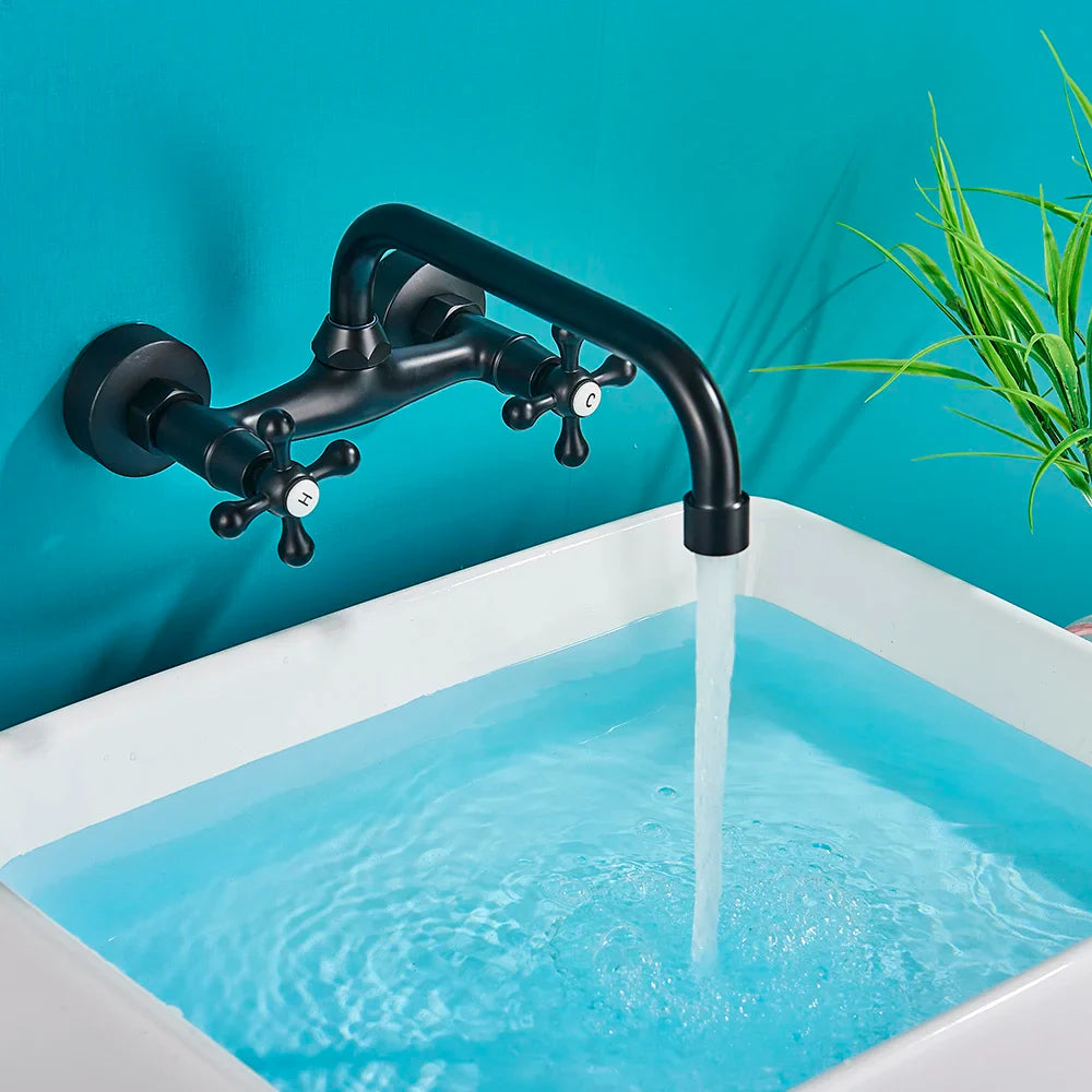 Afralia™ Black Kitchen Faucet Mixer Tap Swivel Spout Wall Mounted Hot Cold Water