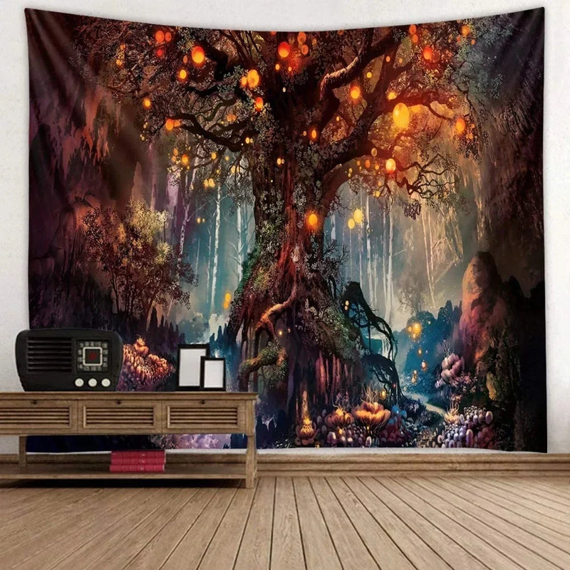 Afralia™ Psychedelic Trees Tapestry Wishing Lantern Trees Wall Hanging Wall Carpet Bed Sheet