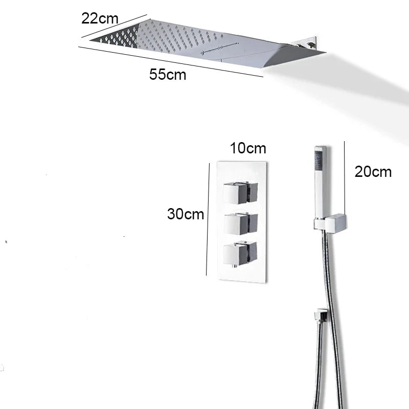 Afralia™ Rain Waterfall Shower Set Thermostatic Mixer, Brass Body, Modern Bath Mixer Tap