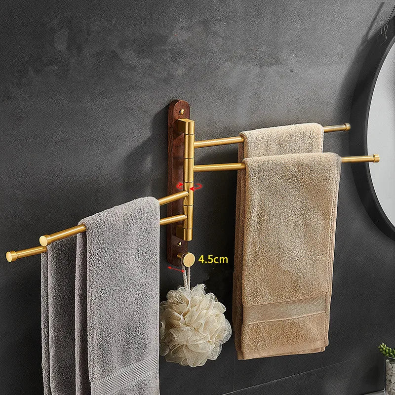 Afralia™ Brushed Gold Wood Swivel Towel Hanger Wall Mounted Folding Bathroom Towel Bar