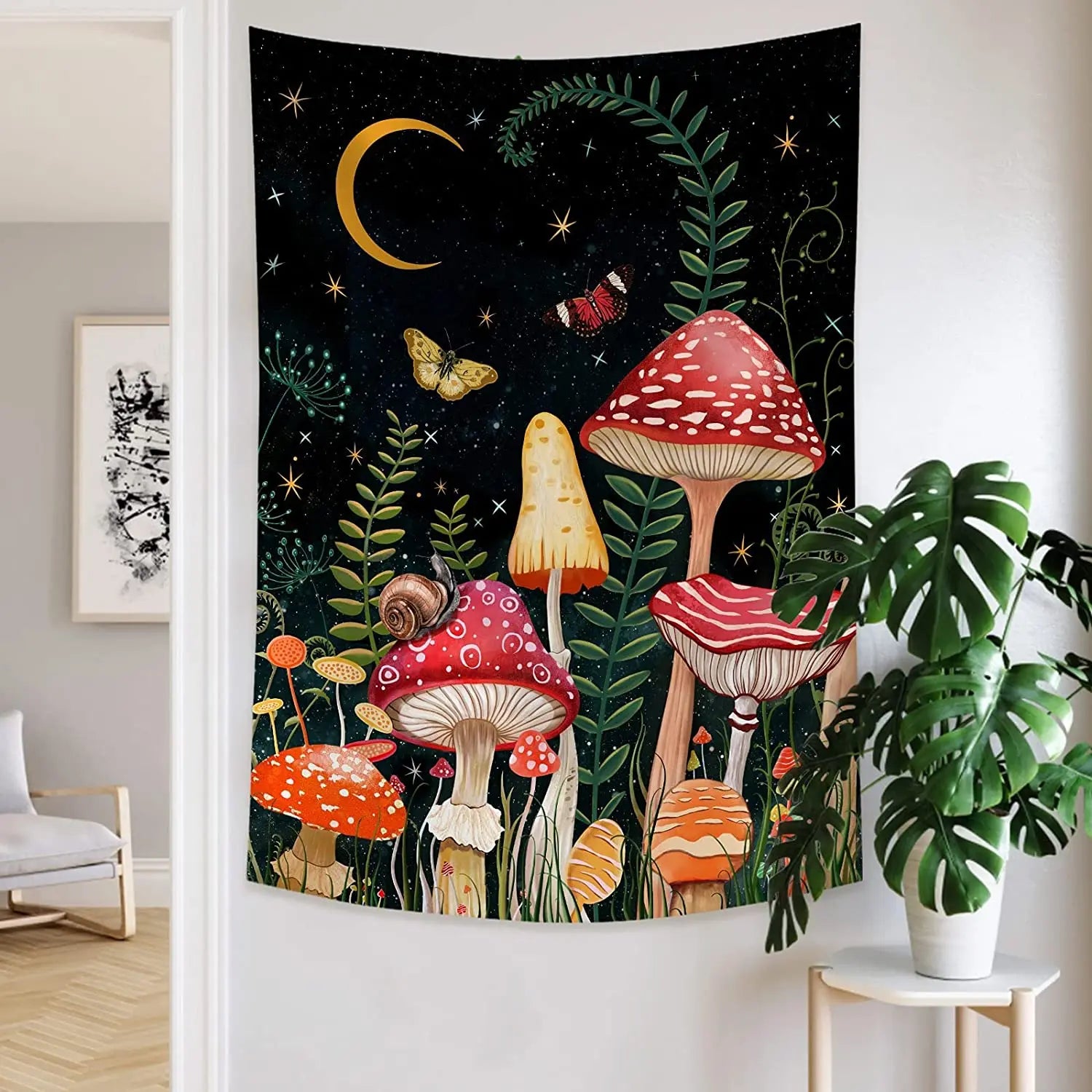 Afralia™ Mushroom Moon Star Tapestry Floral Wall Hanging for Boho Bedroom Decor