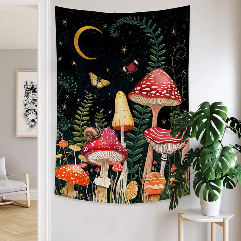 Afralia™ Mushroom Moon Star Tapestry Floral Wall Hanging for Boho Bedroom Decor