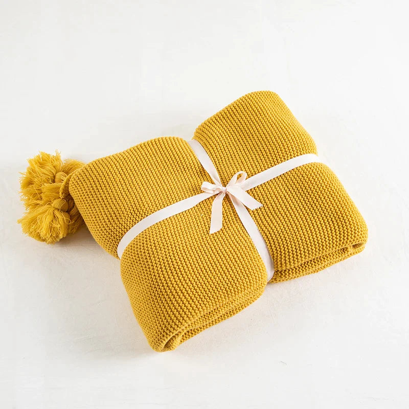 Afralia™ Knit PomPom Tassel Throw Blanket - Soft Yellow Blanket 50"x62"