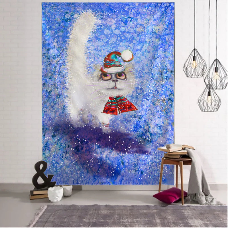Afralia™ Christmas Kitten Snowman Tapestry Wall Hanging - Anime Cute Illustration Home Decor