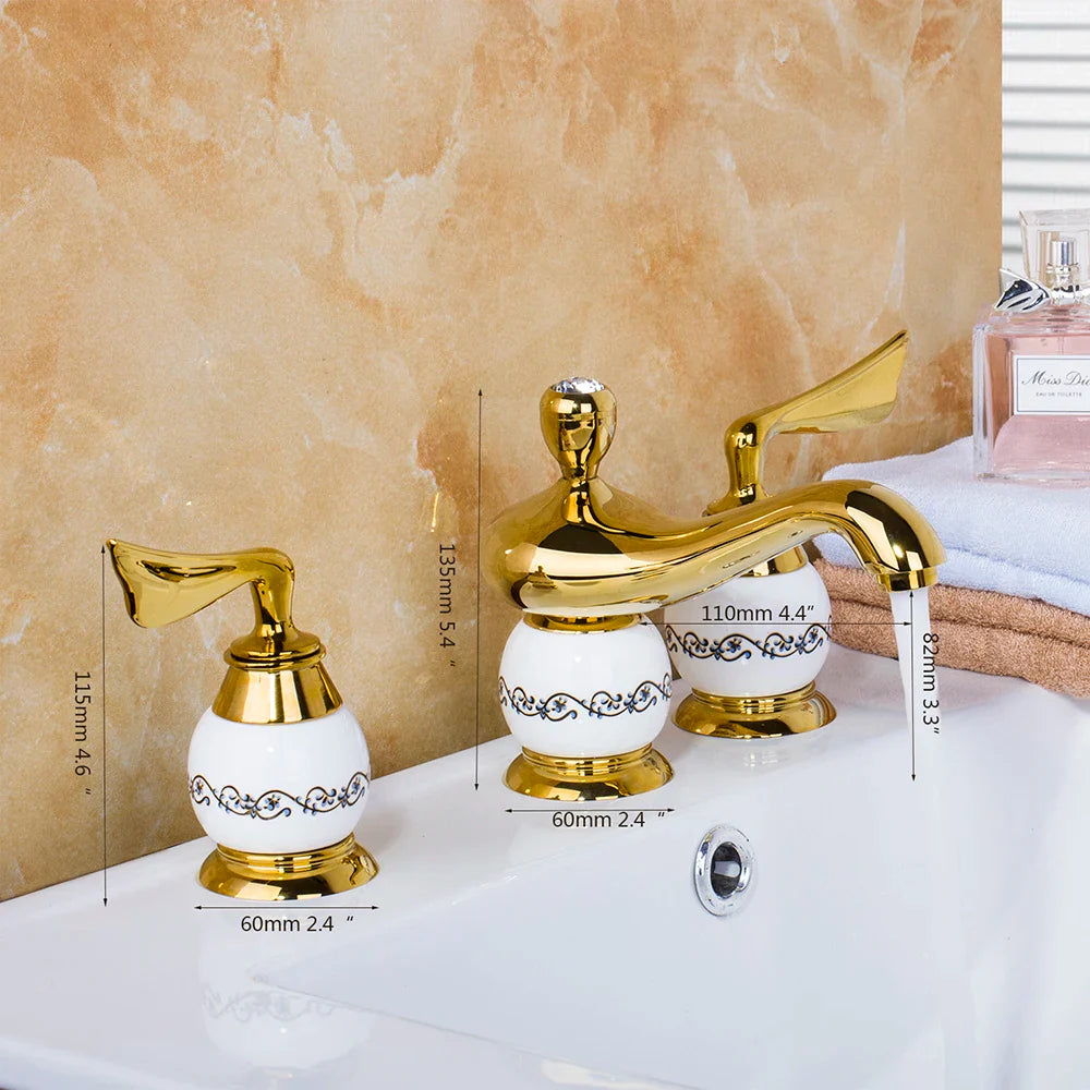 Afralia™ Golden Plated Bathroom Faucet Set with Ceramic Cross Handles