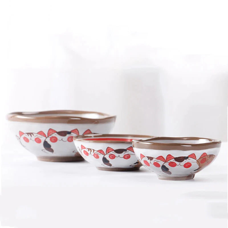 Afralia™ Japanese Style Handmade Fortune Cat Ceramic Bowl - Eco-Friendly Porcelain Bowl