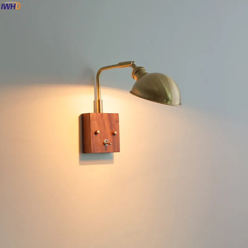 Afralia™ Walnut Wood Canopy LED Wall Lamp | Modern Copper Rotate Wandlamp