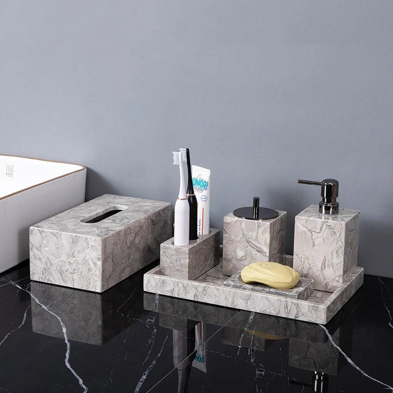 Afralia™ Marble Bathroom Accessories Set: Soap Dispenser, Toothbrush Holder, Cup, Soap Dish, Cotton Swab Can