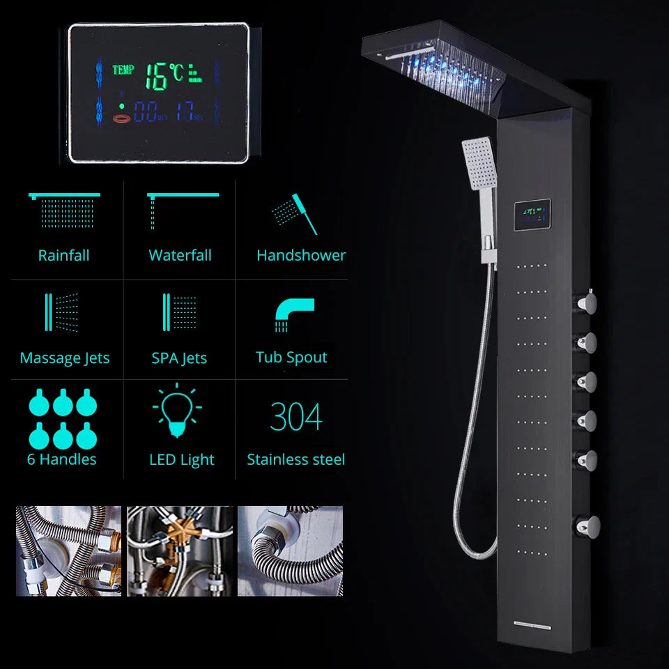 Afralia™ LED Rainfall Shower Panel Set with Temperature Screen and Hand Sprayer