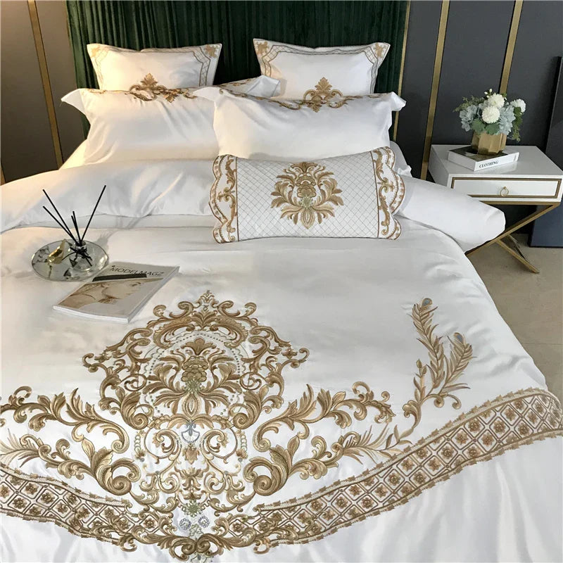 Afralia™ Luxurious White Satin & Cotton Bedding Set with Royal Gold Embroidery