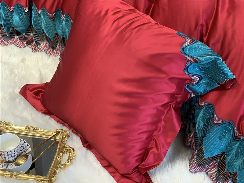 Afralia™ Red 1000TC Egyptian Cotton Lace Bedding Set - Duvet Cover & Pillowcases