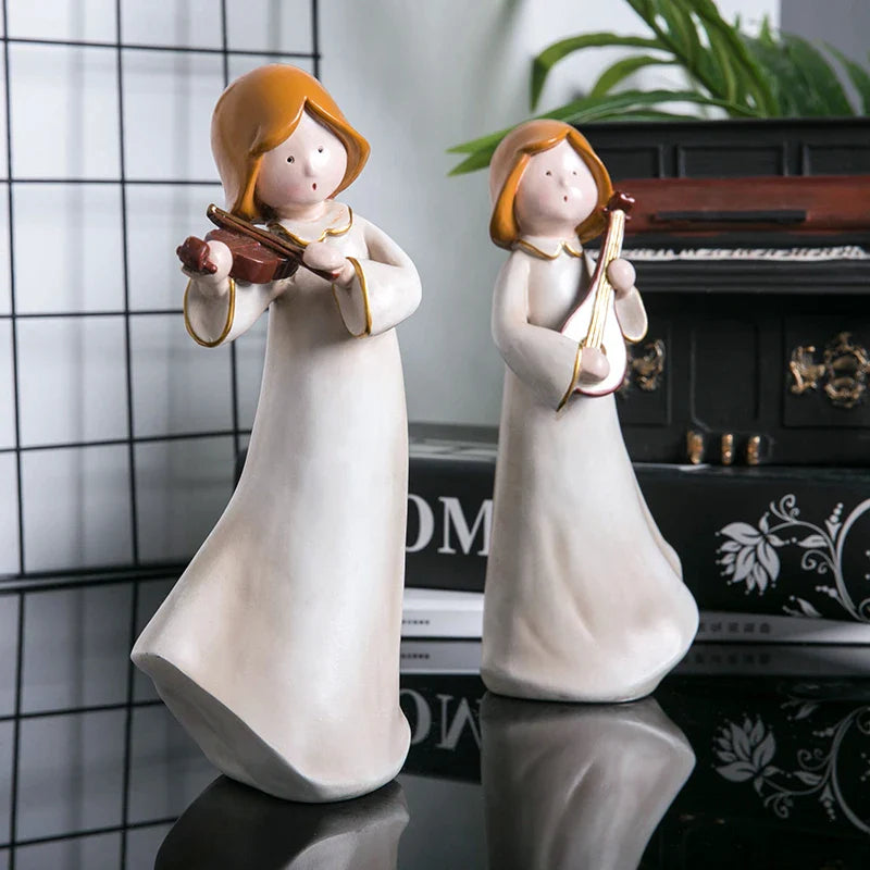 Afralia™ Vintage Musician Figurines: Violinist & Flute Girls Resin Sculpture Craftsmanship