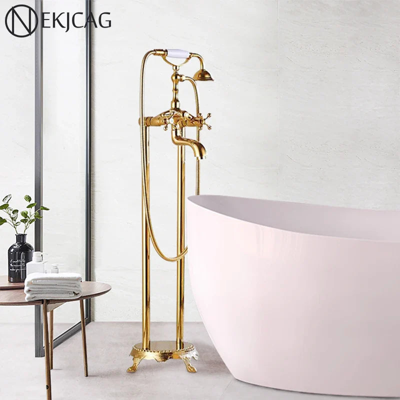 Afralia™ Dual Handle Clawfoot Bathtub Shower Faucet, Golden Polished Free Standing Mixer