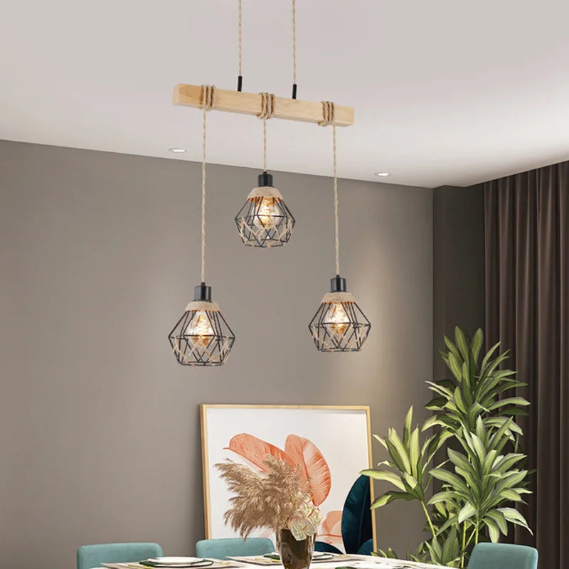 Afralia™ Vintage Hemp Rope Wood Chandelier for Dining Room and Bar