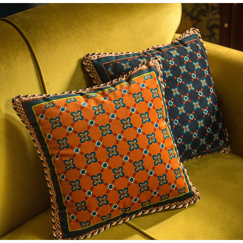 Afralia™ Plum Pattern Velvet Cushion Cover with Orange Blue Geometric Design