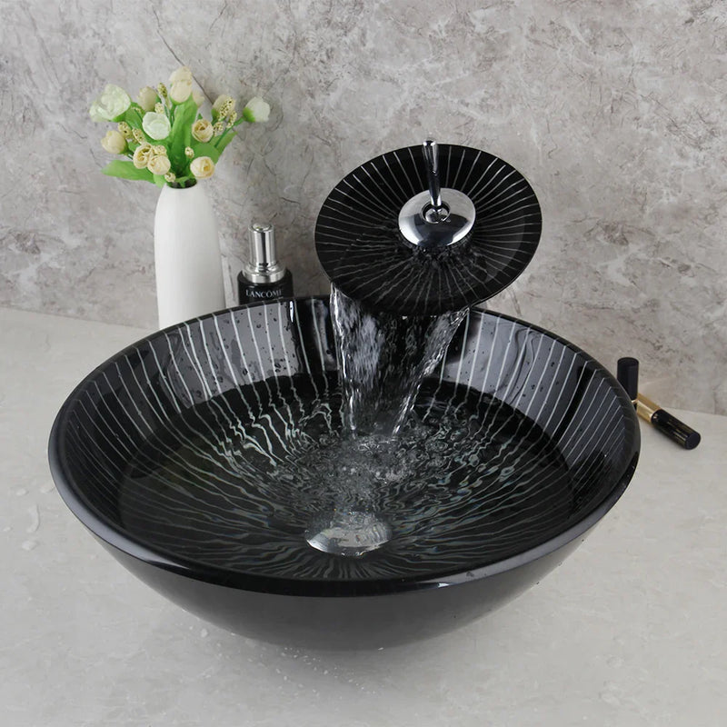 Afralia™ Black Glass Bathroom Sink Set with Hand Painted Design & Waterfall Faucet