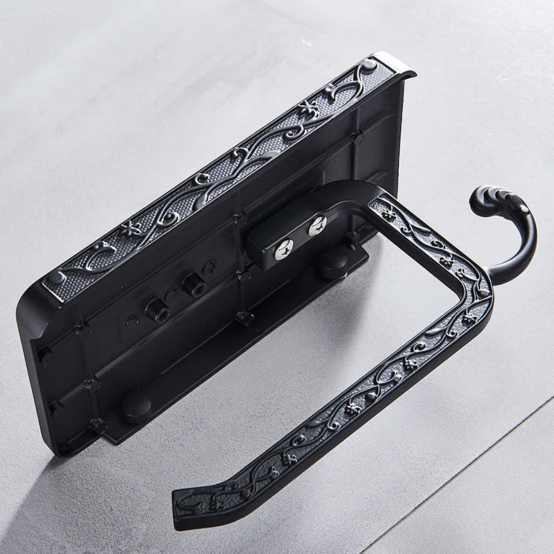Afralia™ Black Toilet Paper Holder with Phone Rack: Wall-Mounted Aluminum Bathroom Storage